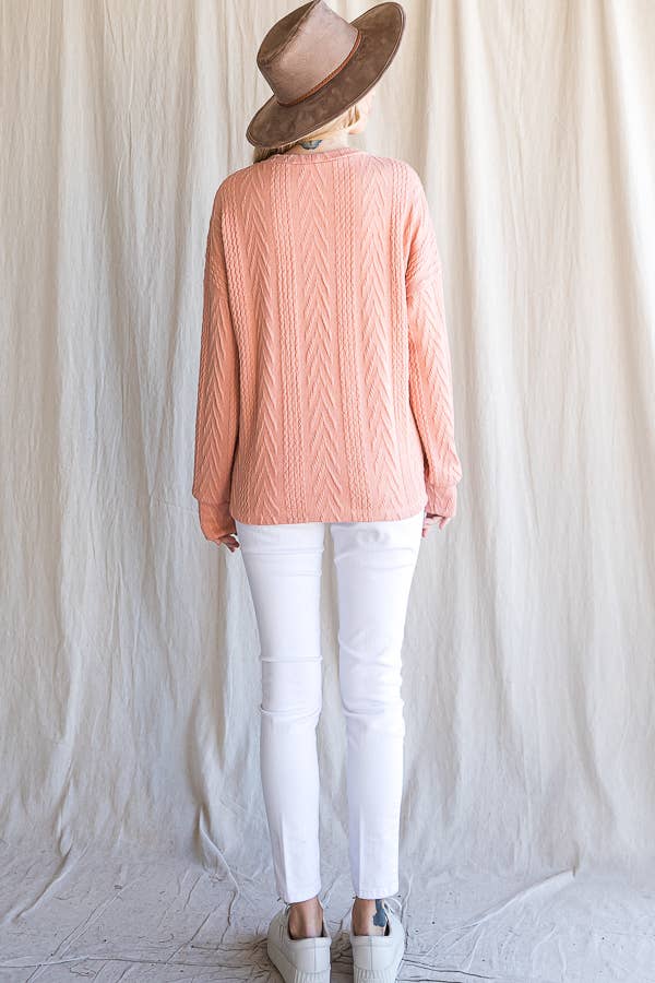 Rose Casual Drop Shoulder Cable Knit Top