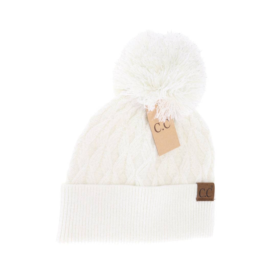 Metallic Rose Lurex Cable Knit Pom C.C Beanie