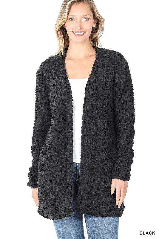 Popcorn Cardigan With Pockets--Black