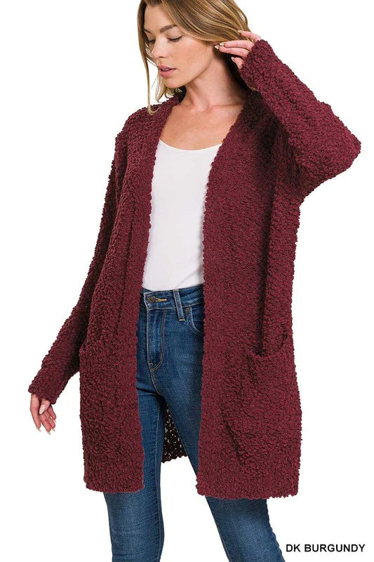 Popcorn Cardigan With Pockets--Dark Burgundy