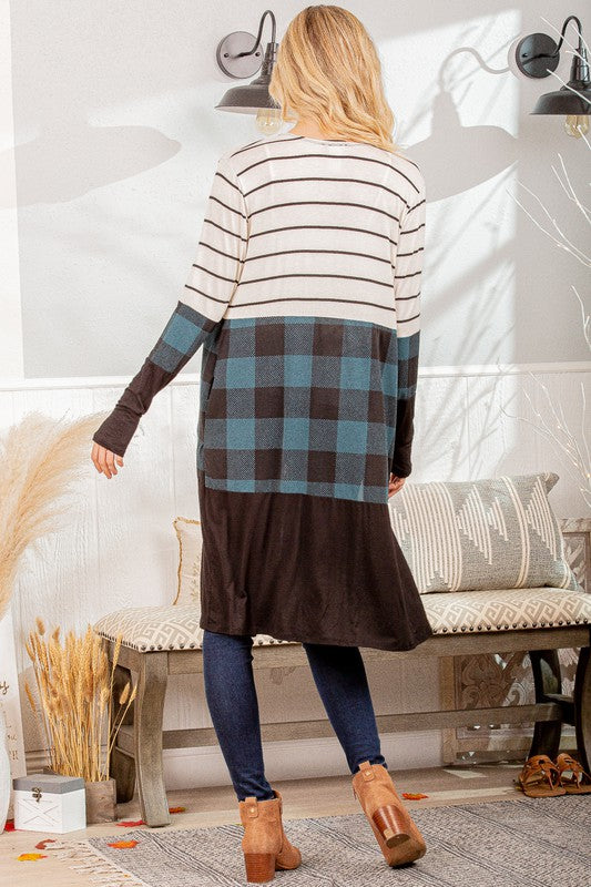 Stripe And Plaid Open Cardigan