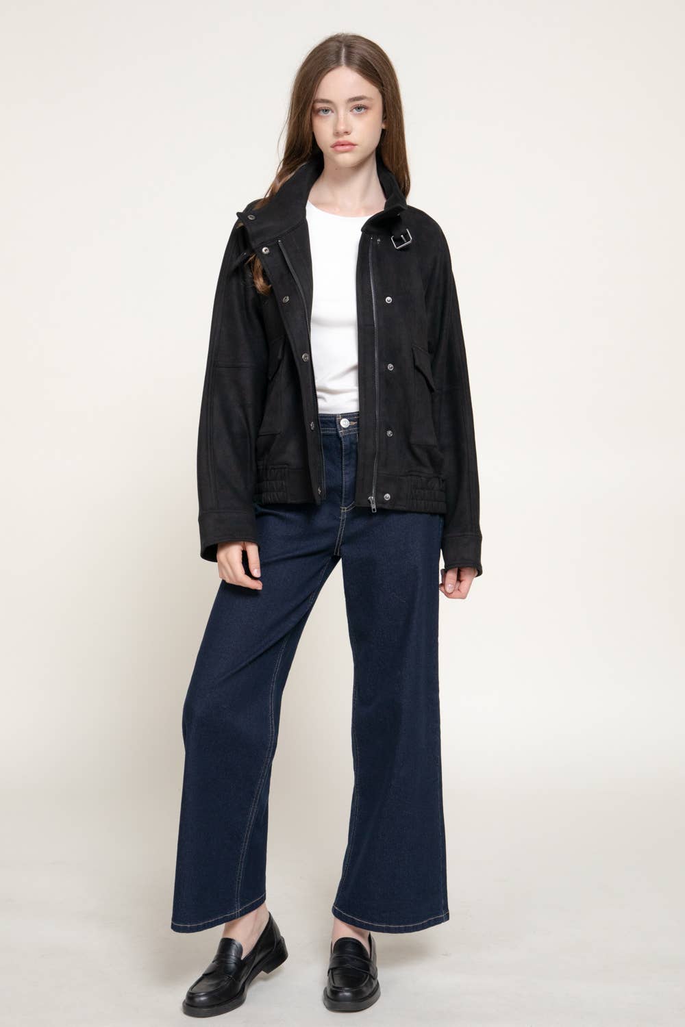 High Neck with Tab Front Patch Pocket Faux Suede Jacket