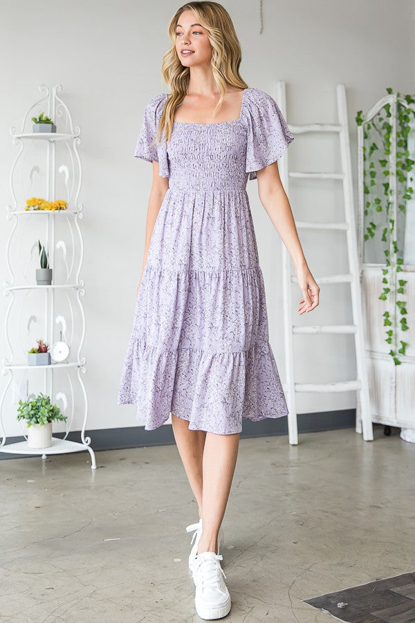 Lavender Flutter Sleeve Tiered Midi Dress