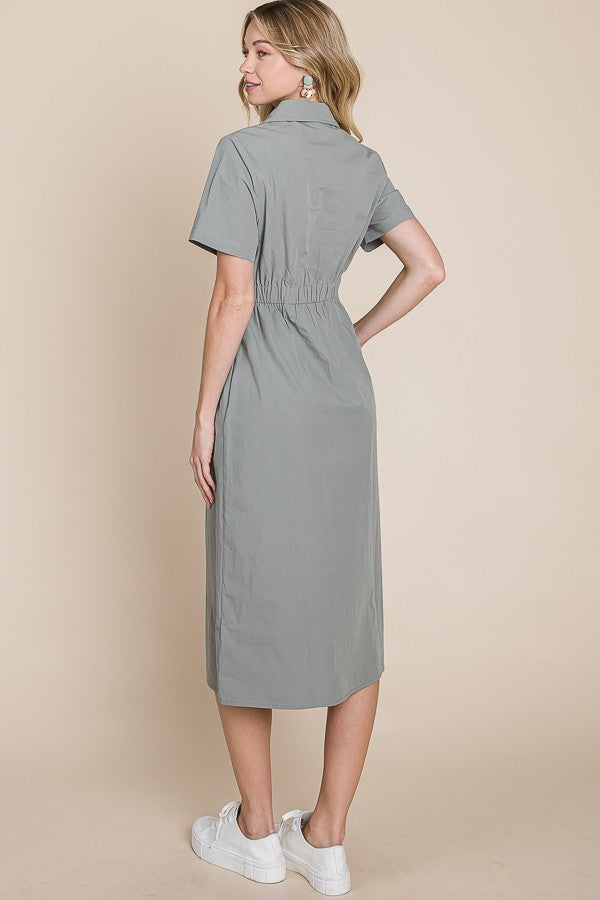 Smoke Gray Midi Poplin Shirt Dress