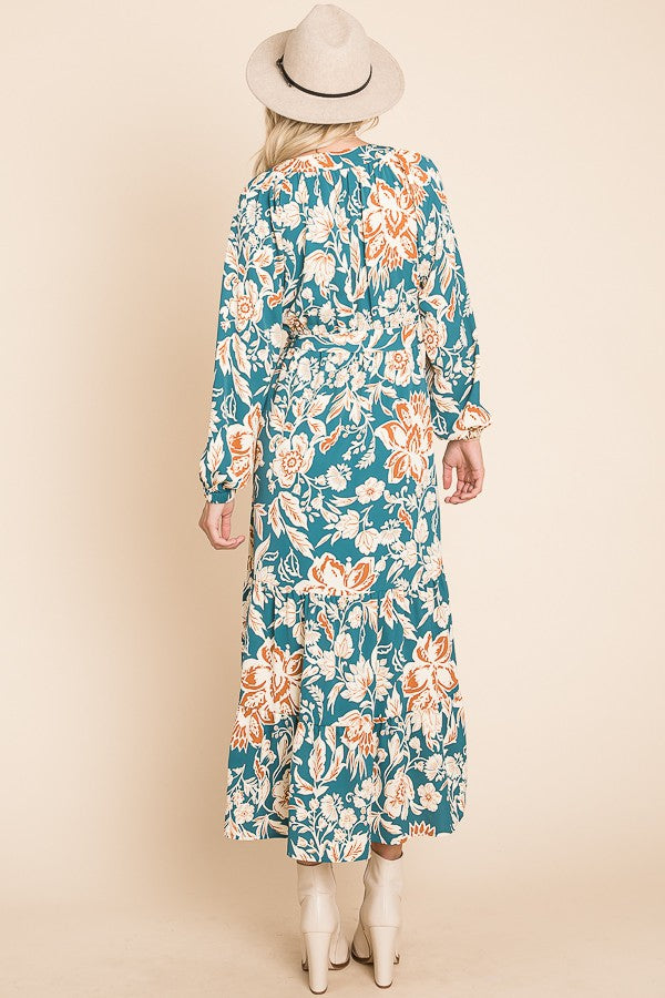 Teal Floral Long Sleeve Maxi Dress