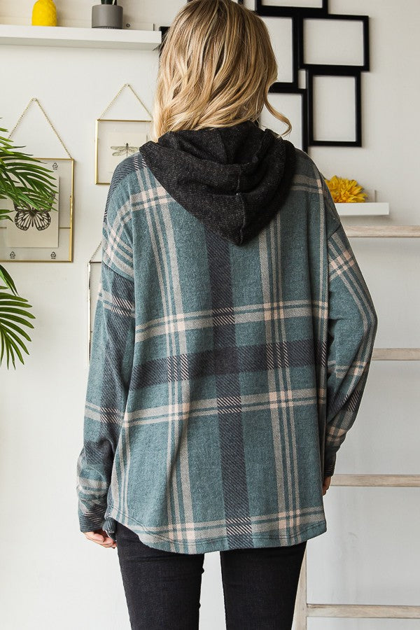 Plaid Button Down Hooded Shacket--Jade