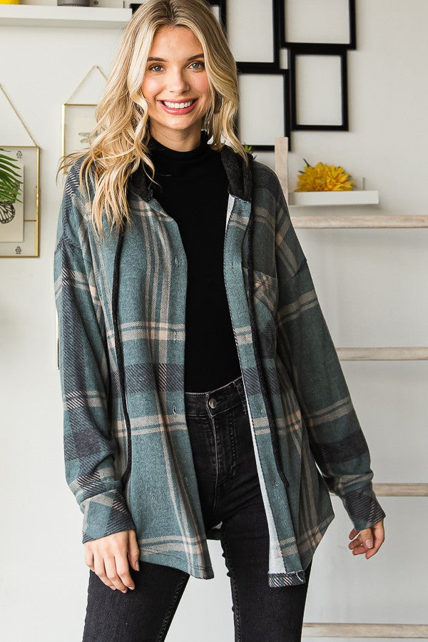 Plaid Button Down Hooded Shacket--Jade