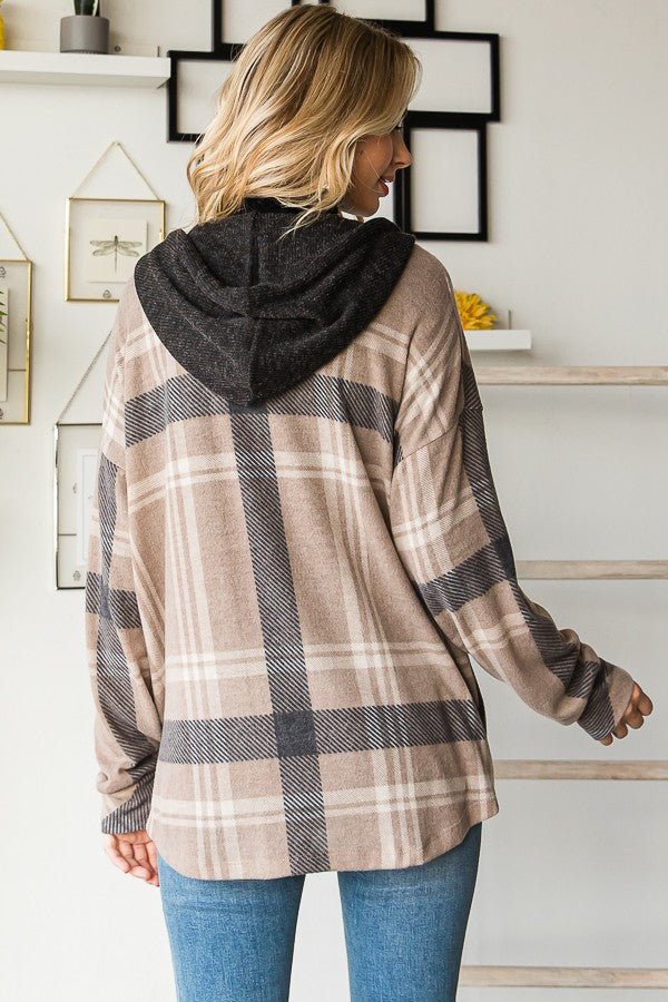Plaid Button Down Hooded Shacket--Mocha