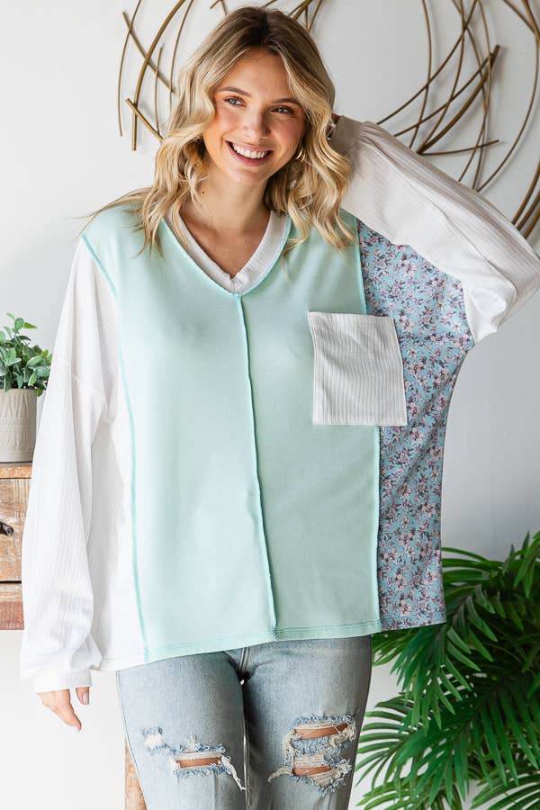 Floral Patchwork Panel Front Pocket V Neck Pullover Top