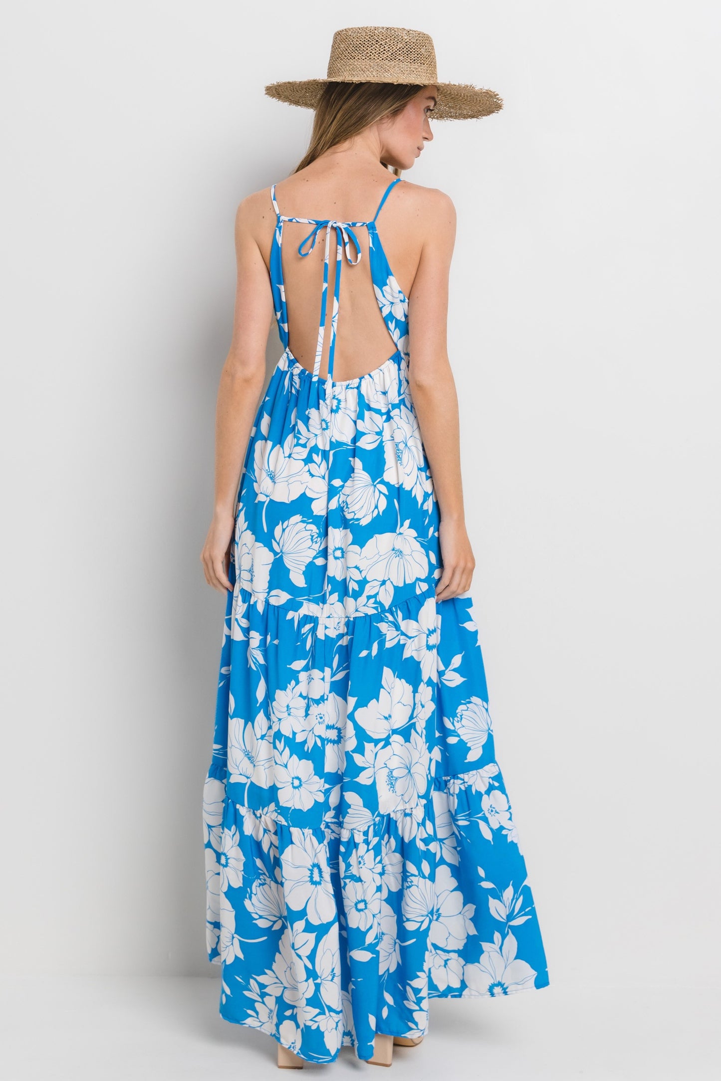 Blue Floral Open Back Maxi Dress