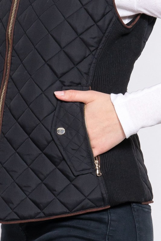 Suede Piping Quilted Vest--Black