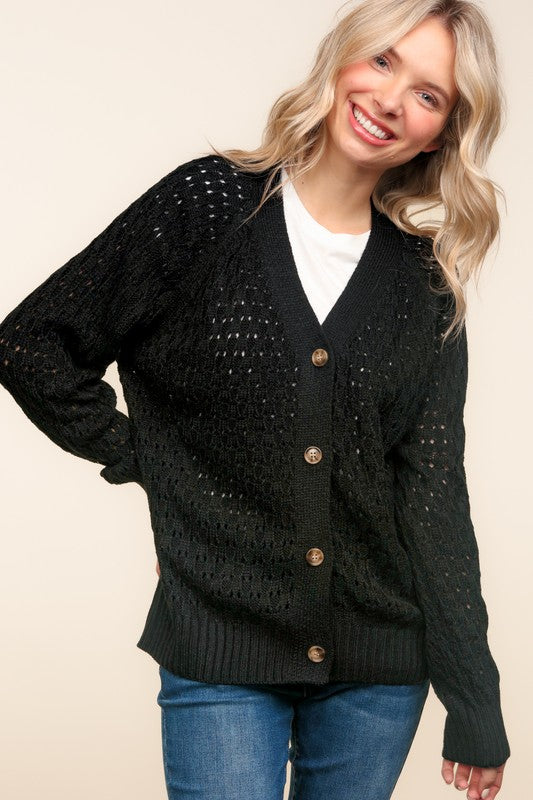 Button Down Pointelle Solid Sweater Cardigan