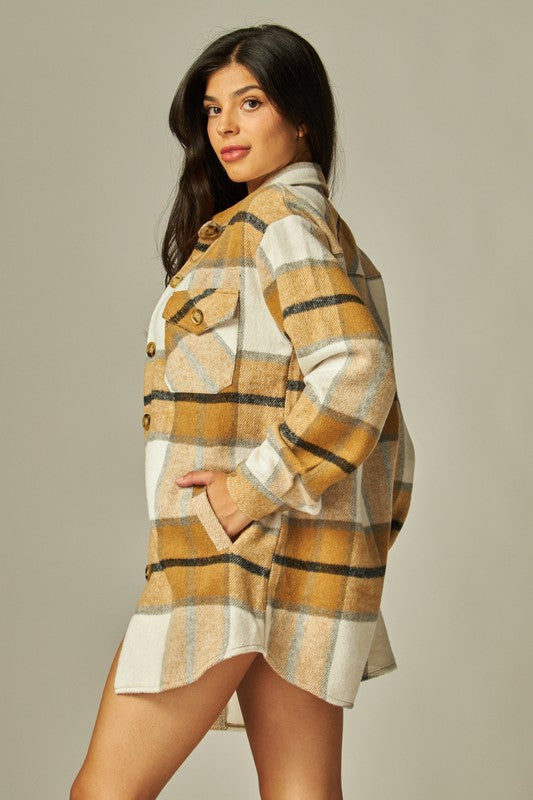 Flannel Plaid Oversized Shacket Button Down Jacket--Dark Khaki