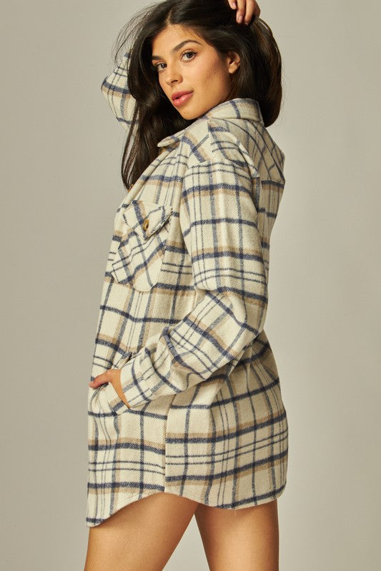 Flannel Plaid Oversized Shacket Button Down Jacket--Khaki/Navy