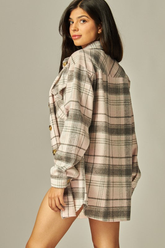 Flannel Plaid Oversized Shacket Button Down Jacket--Pink/Gray