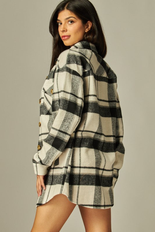 Flannel Plaid Oversized Shacket Button Down Jacket--Black