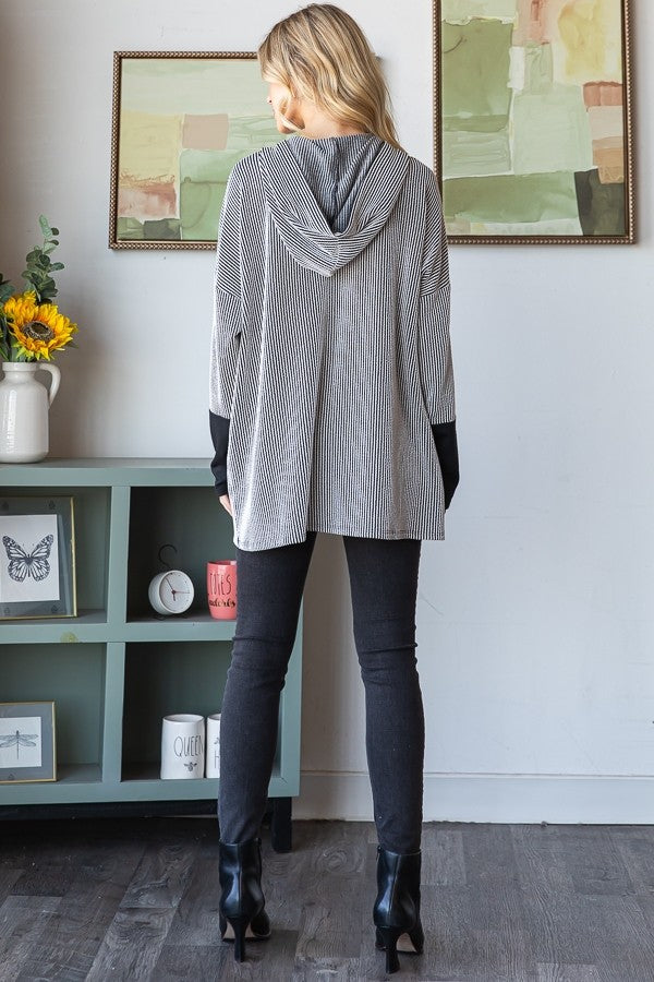 Long Sleeve Stripe And Solid Contrast Hoodie Top