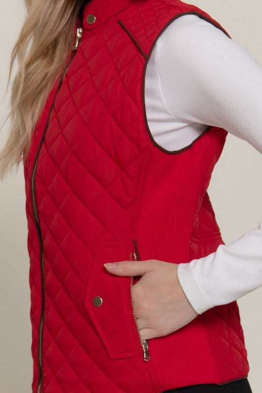 Suede Piping Quilted Vest--Red