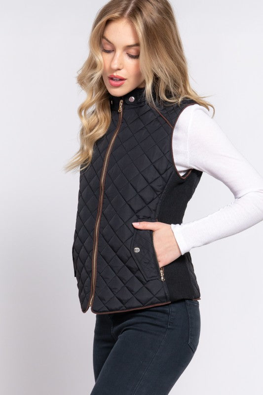 Suede Piping Quilted Vest--Black