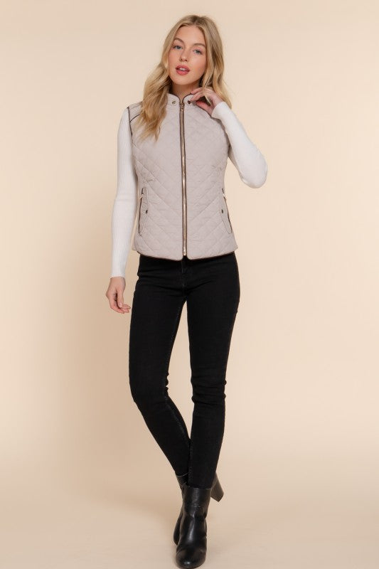 Suede Piping Quilted Vest--Taupe