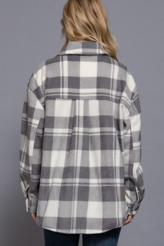 Checkered Fleece Shacket--Light Gray