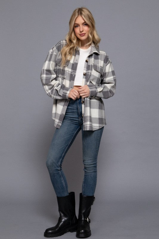 Checkered Fleece Shacket--Light Gray