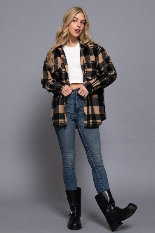Checkered Fleece Shacket--Taupe
