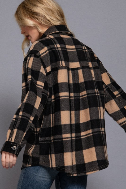 Checkered Fleece Shacket--Taupe
