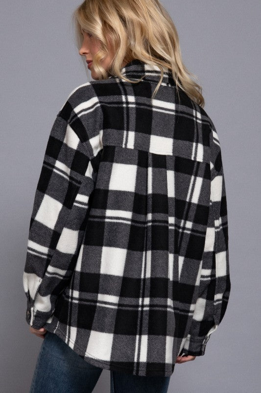 Long Sleeve Fleece Plaid Shacket--Black
