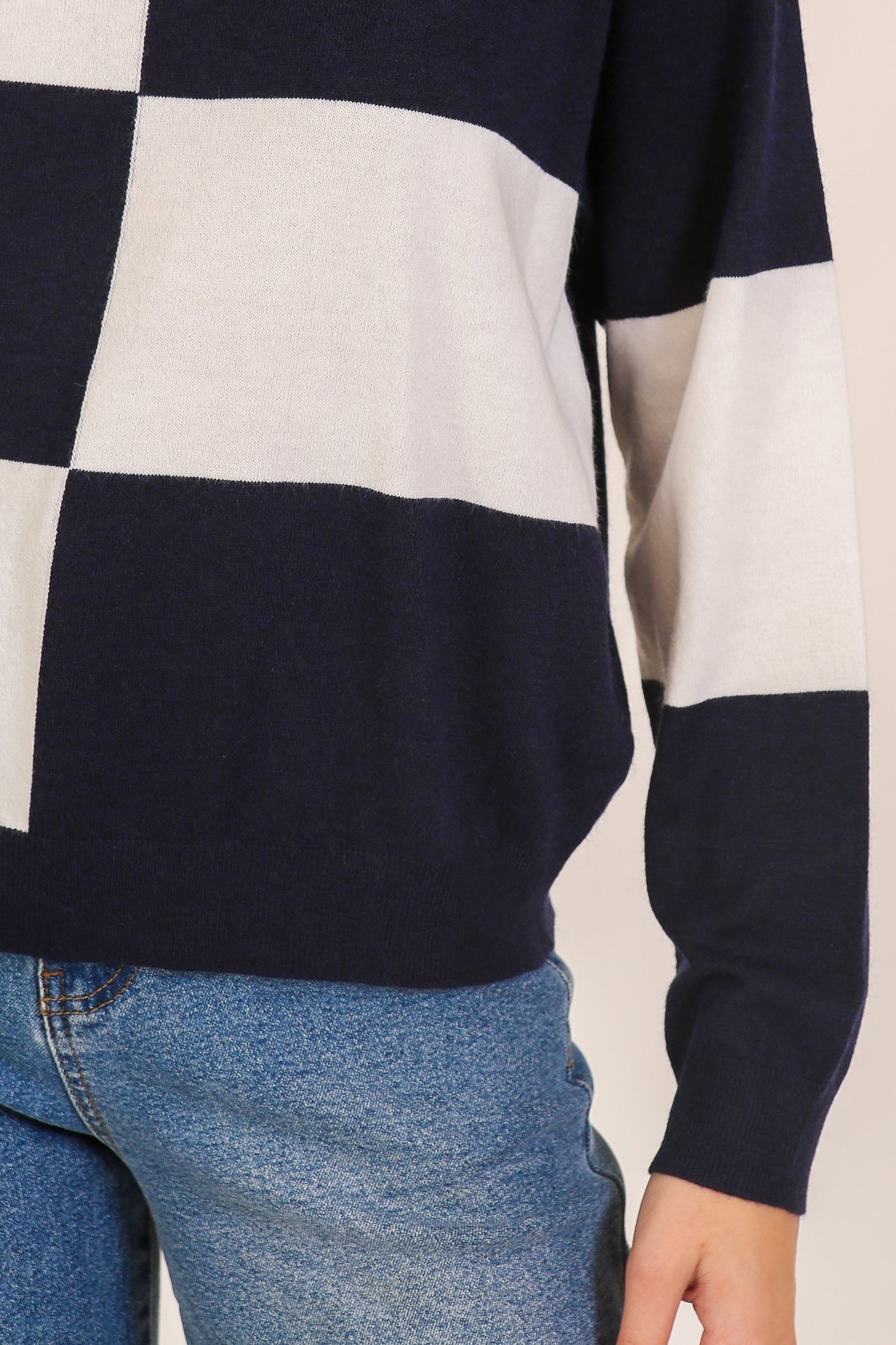 Checkered Coastal Chic Pullover Sweater--Navy/White