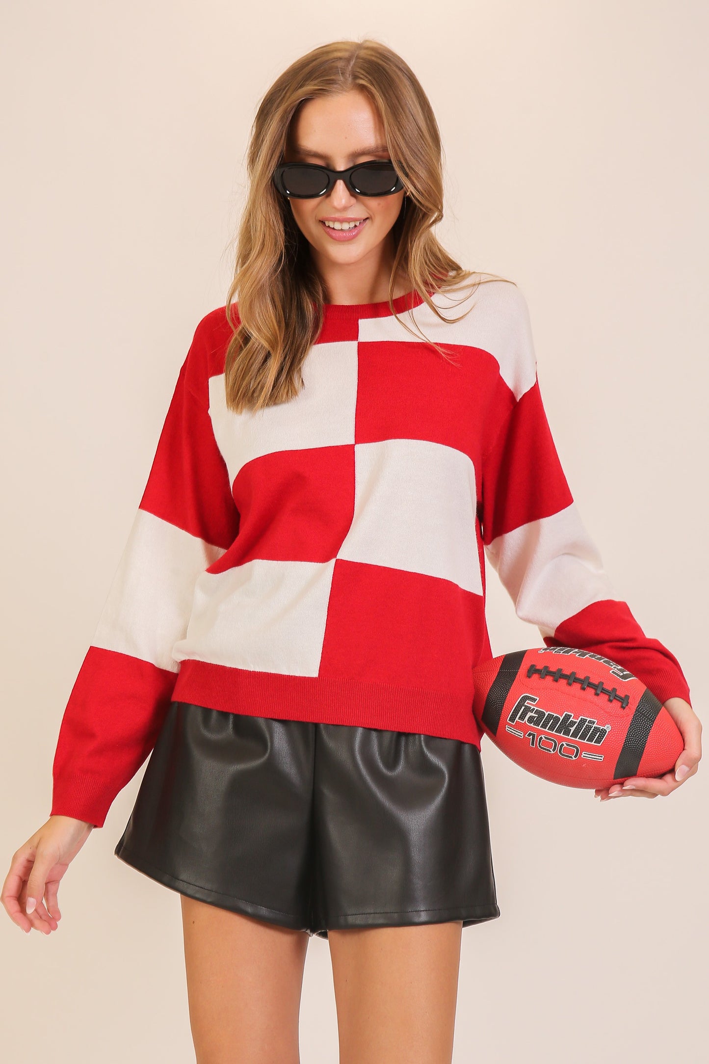Checkered Coastal Chic Pullover Sweater--Red/White