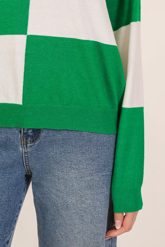 Checkered Coastal Chic Pullover Sweater--Green/White