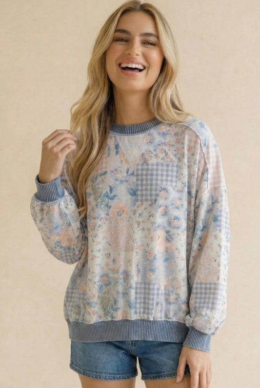 Blue Floral Patchwork Long Sleeve Top