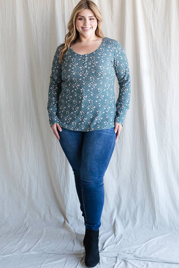 Hunter Green Floral Long Sleeve Top (PLUS)