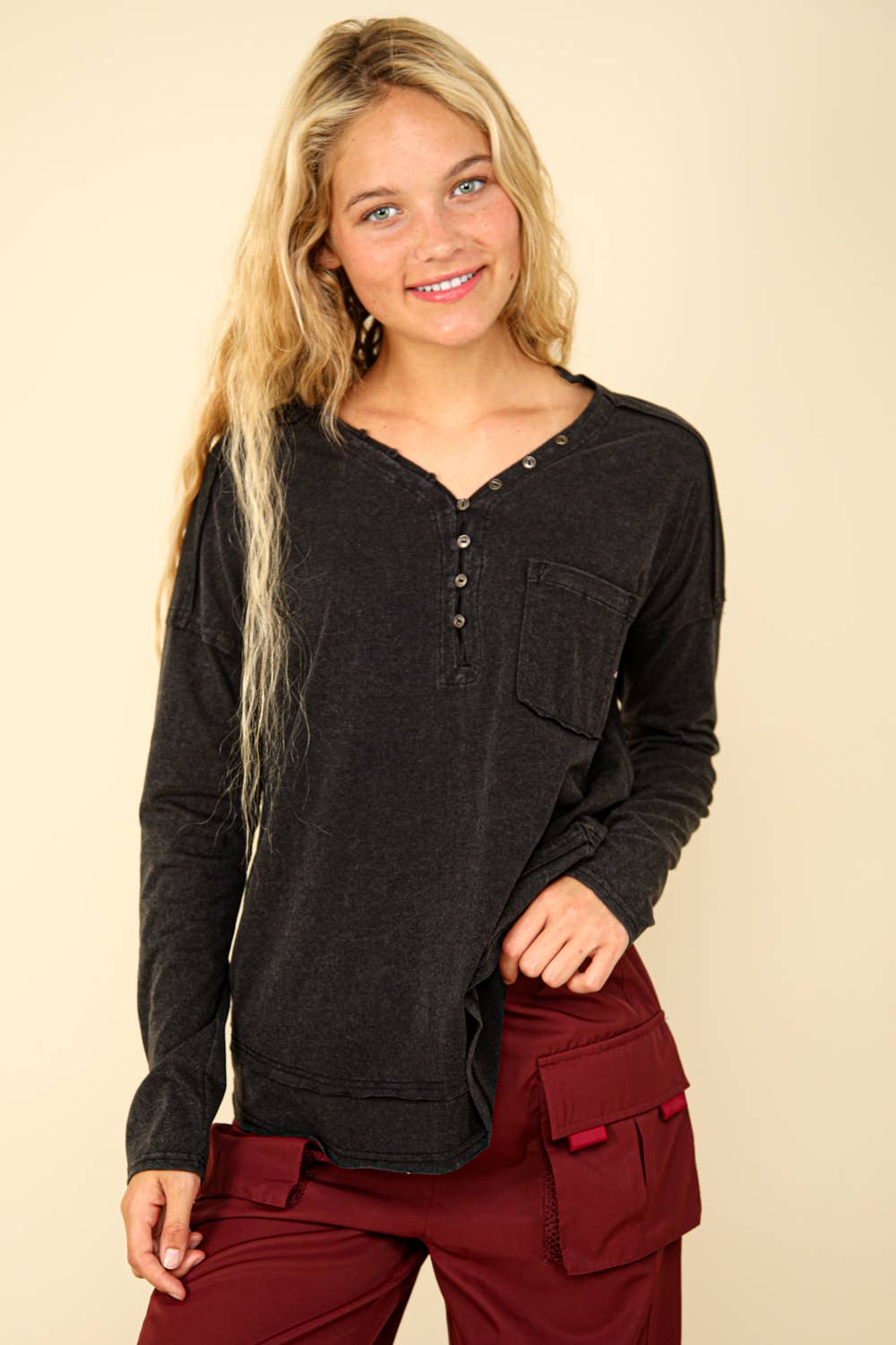 Mineral Washed Cotton Comfy Knit Top, Mauve