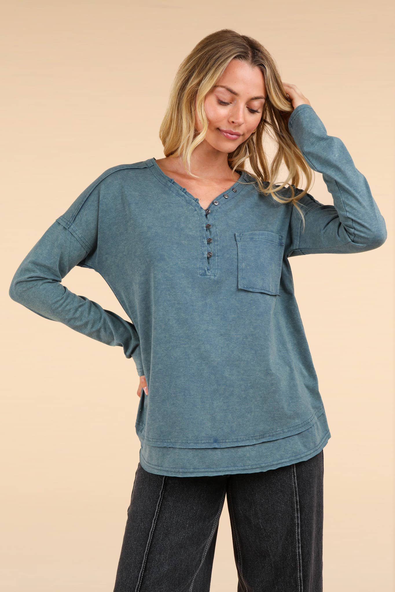 Mineral Washed Cotton Comfy Knit Top, Mauve