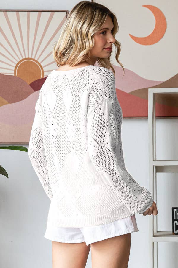 Diamond Pattern Open Knit Long Sleeve Pullover Sweater