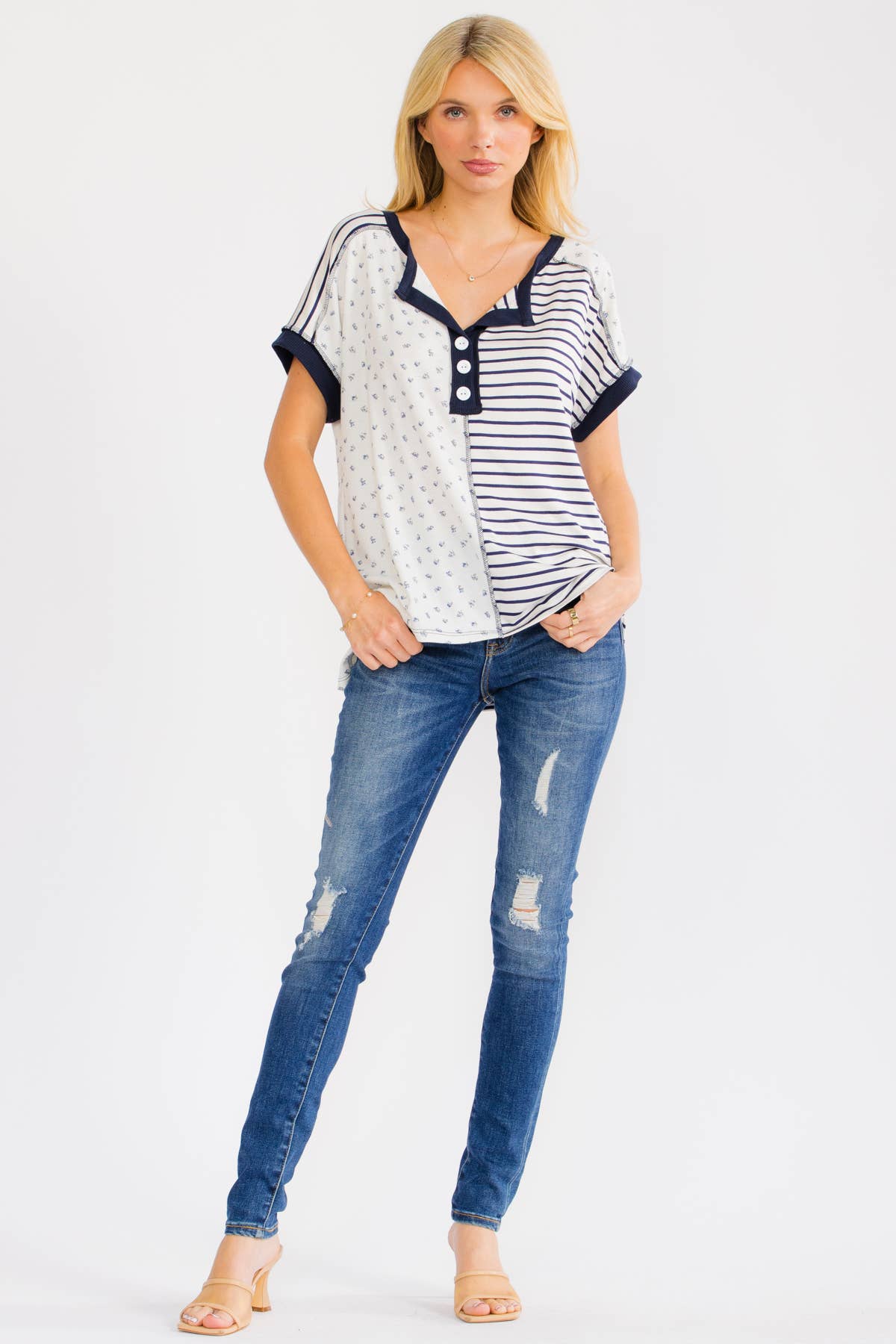 Mixed Print Contrast Henley Top