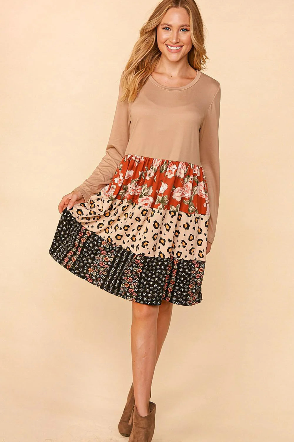 Floral & Leopard Tiered Midi Dress
