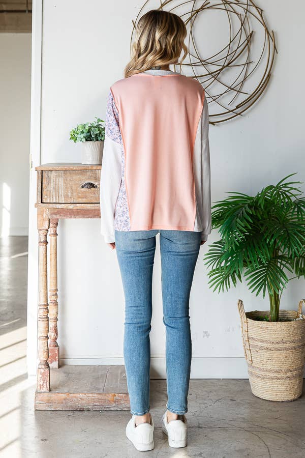 Floral Patchwork Panel Front Pocket V Neck Pullover Top