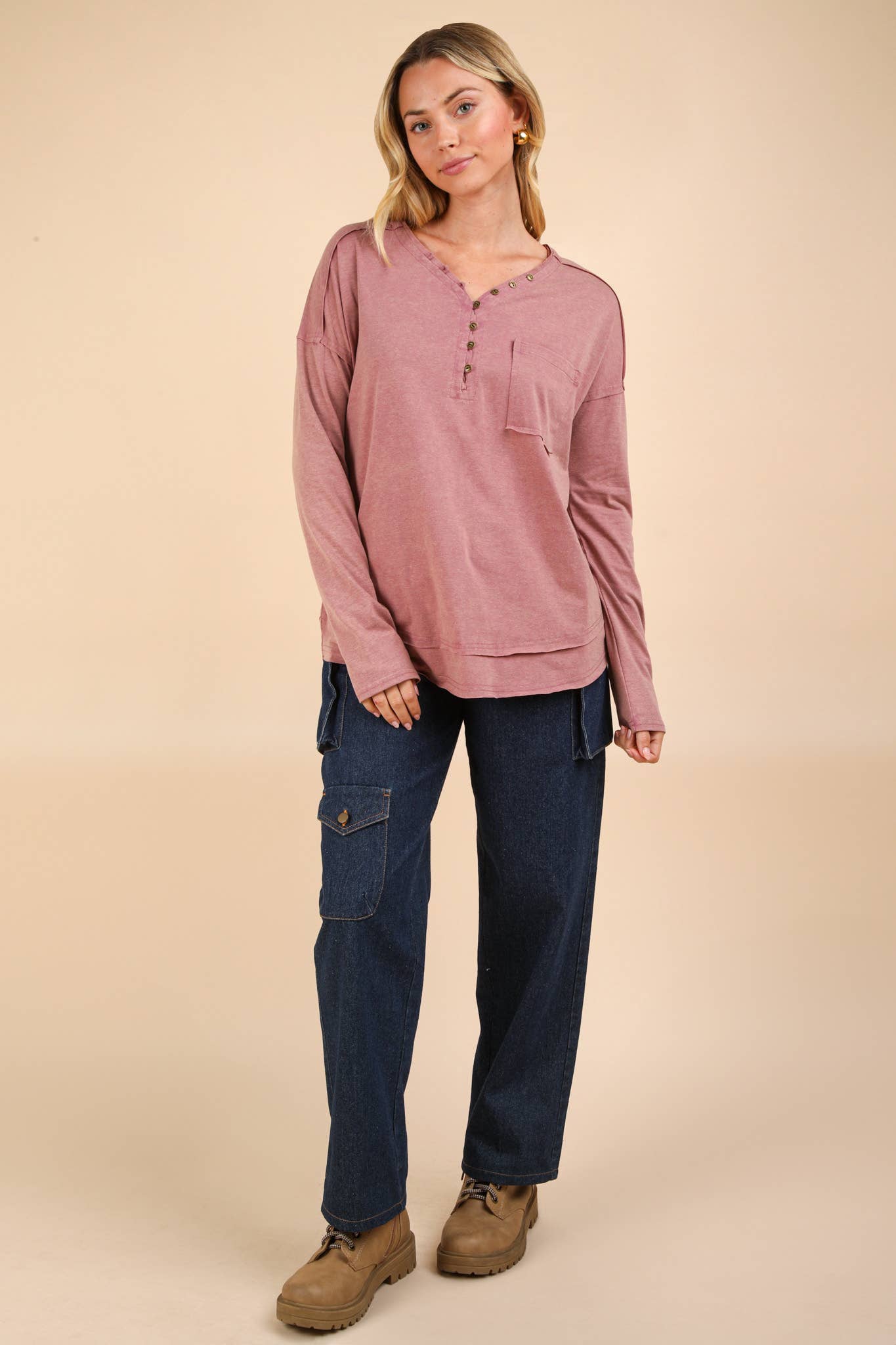 Mineral Washed Cotton Comfy Knit Top, Mauve