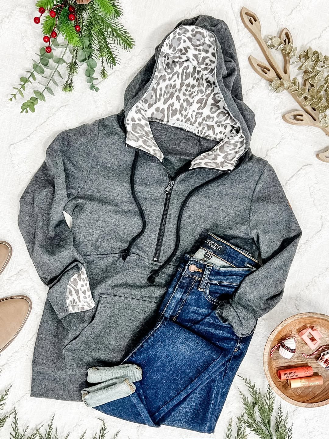 Charcoal Half-Zip with Leopard Accents