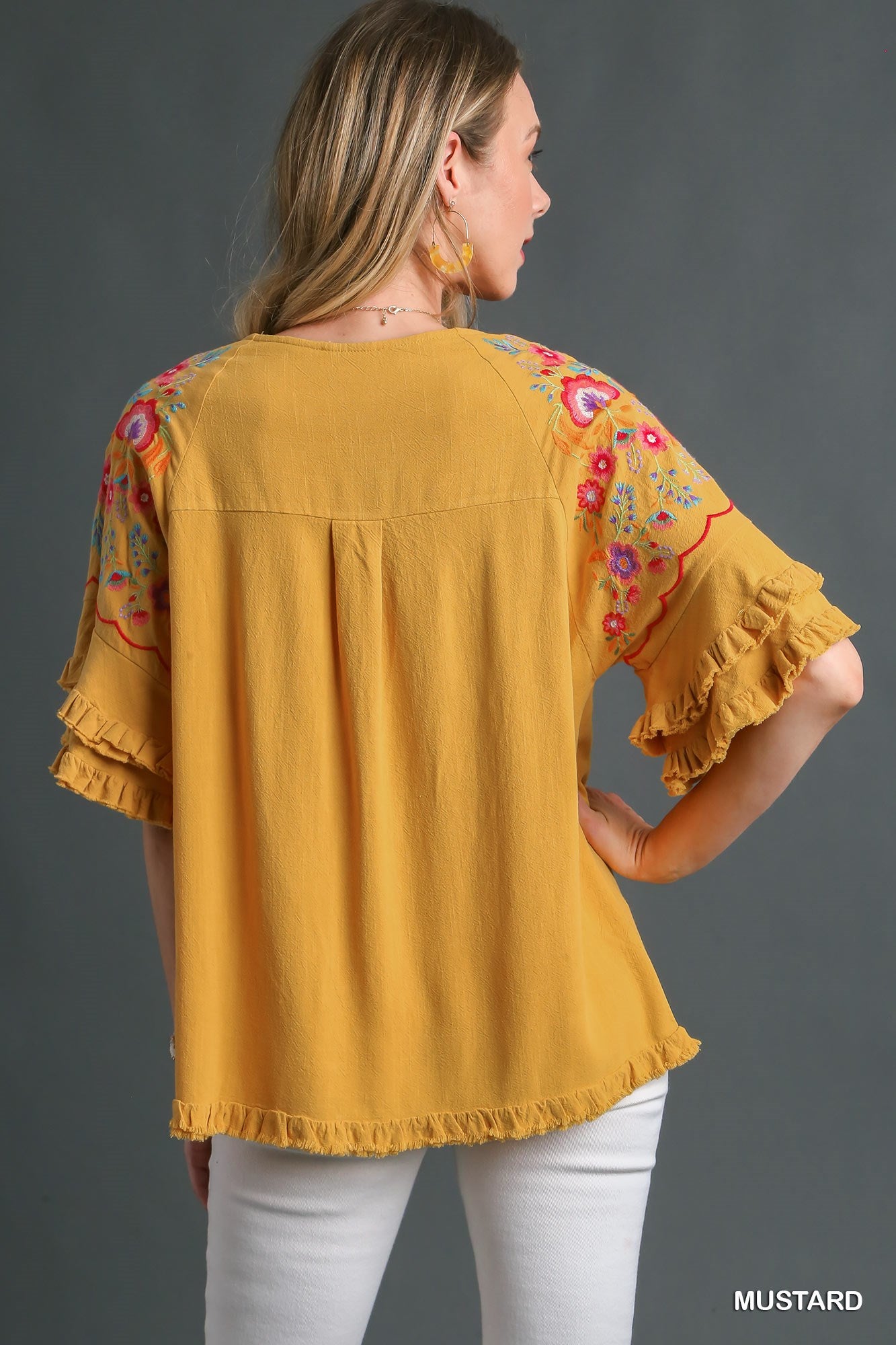 Embroidered Frayed Hem Bell Sleeve Top