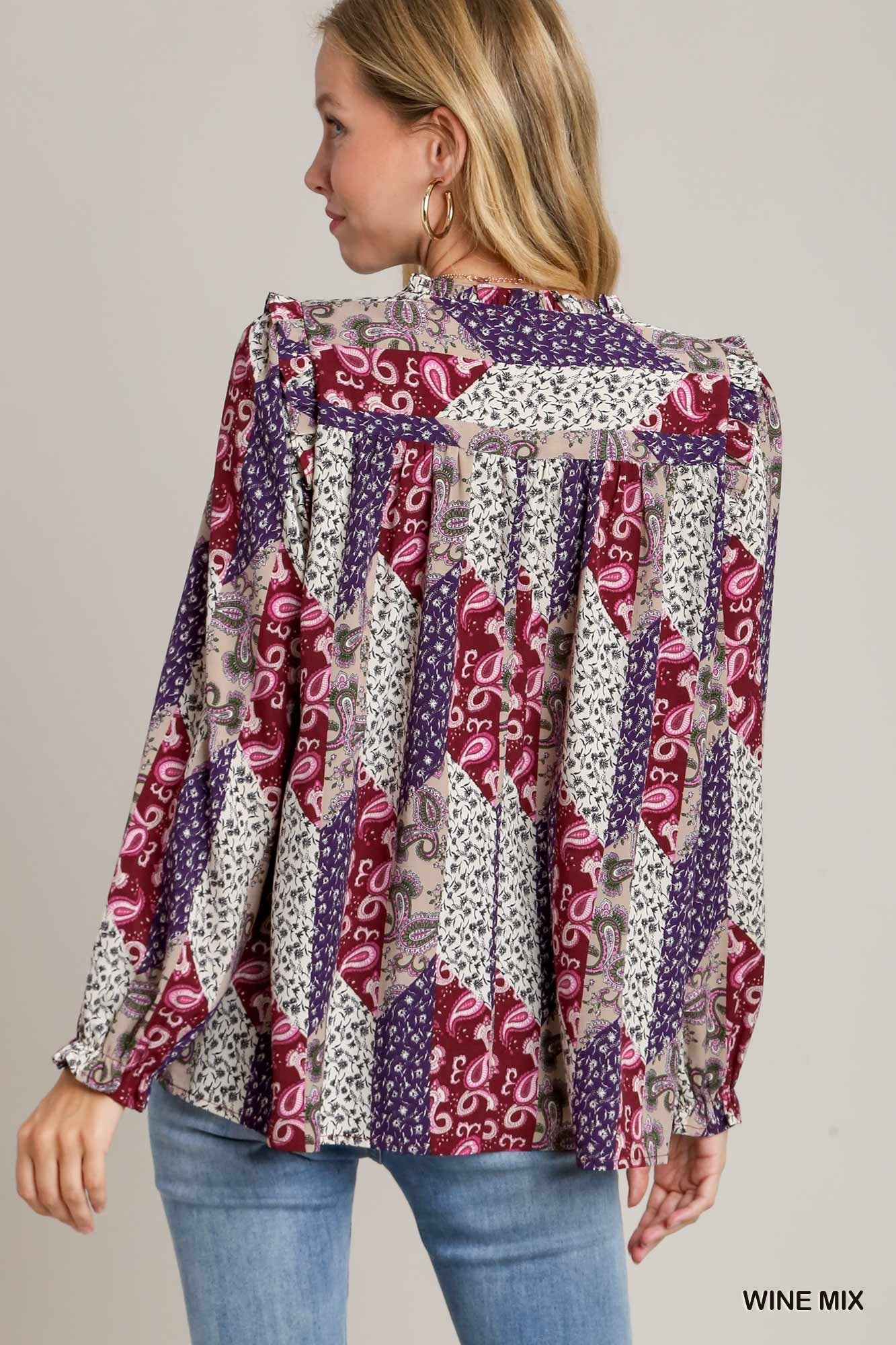 Mixed Print Ruffle Blouse--Wine Mix