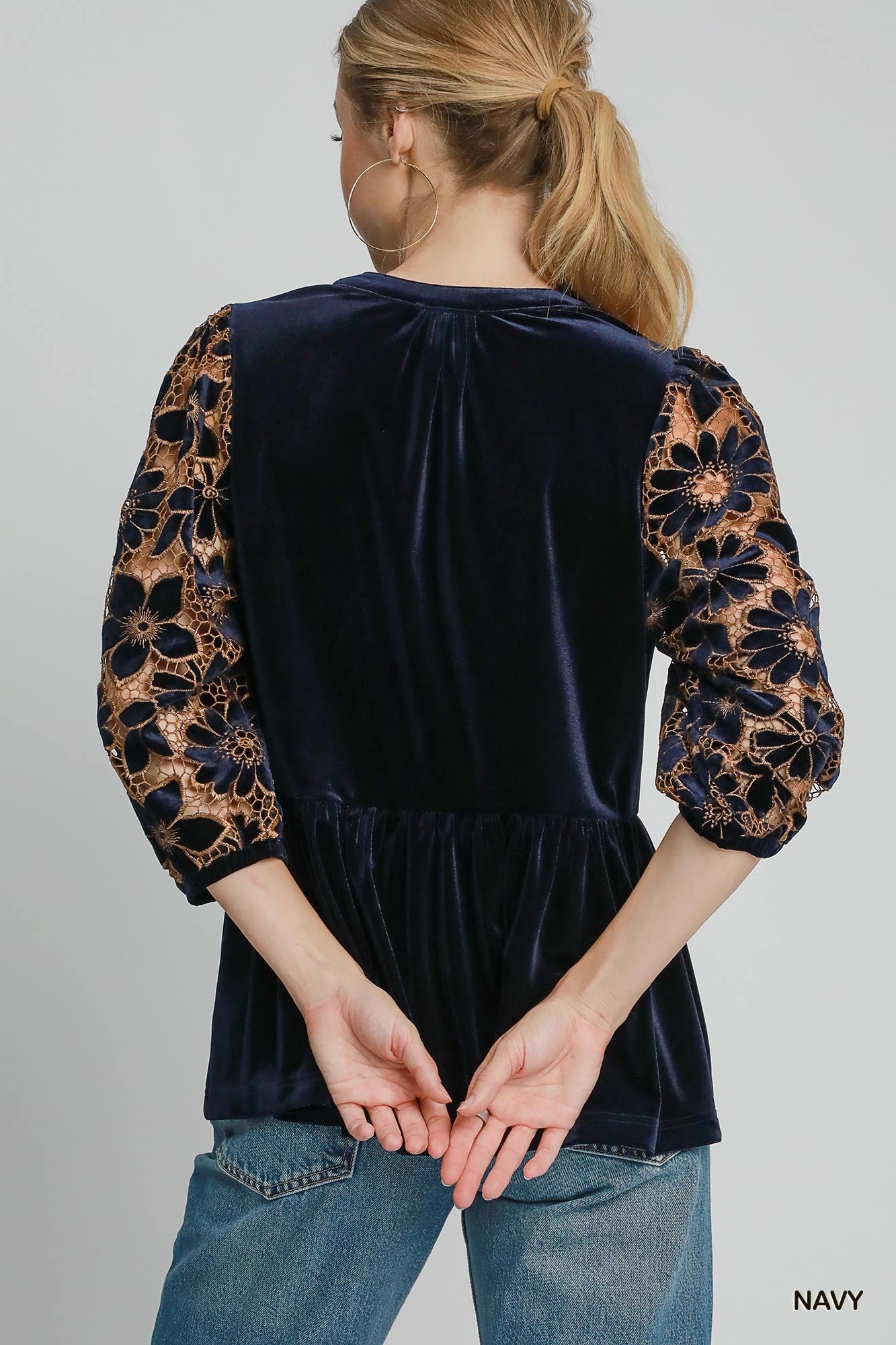 Navy Velvet & Lace Babydoll Top