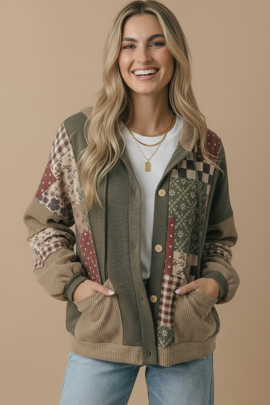 Button Down Color Block Patchwork Print Hoodie