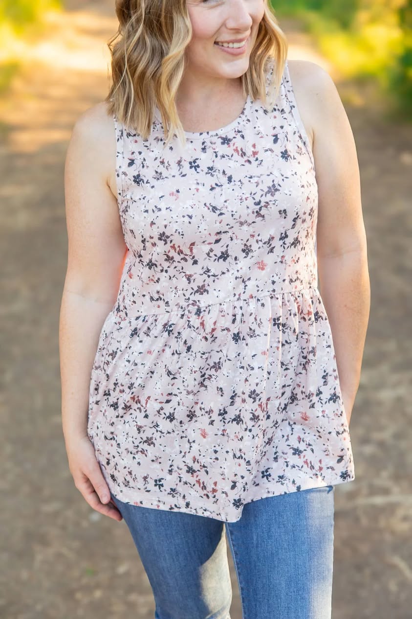 Renee Ruffle Tank--Tan Micro Floral