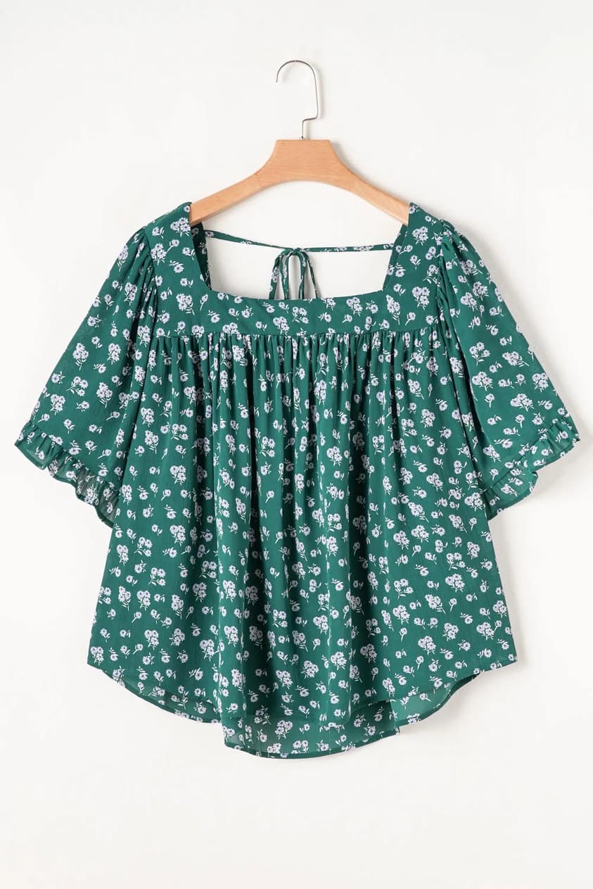 Green Floral Tie-Back Blouse (PLUS)
