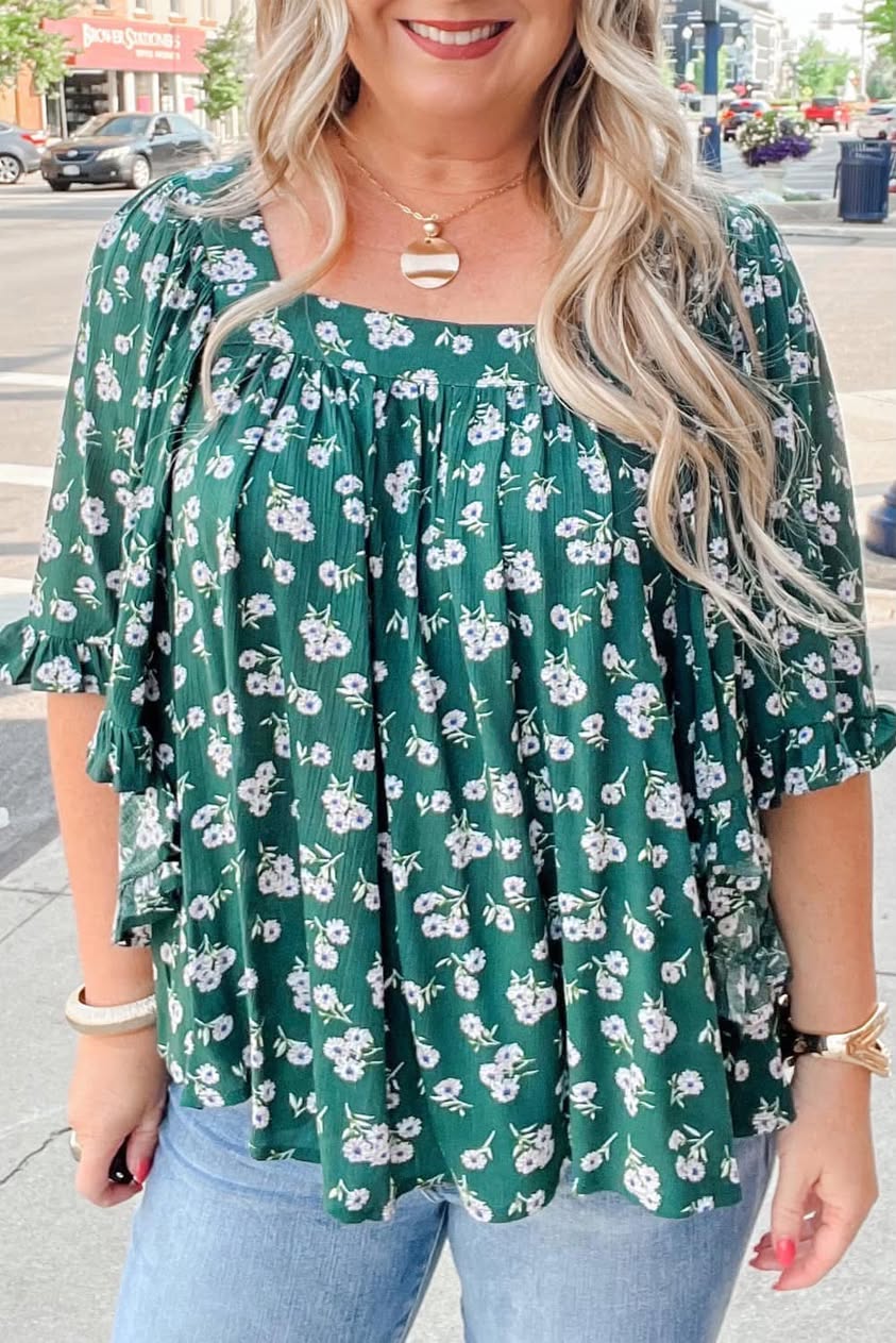Green Floral Tie-Back Blouse (PLUS)