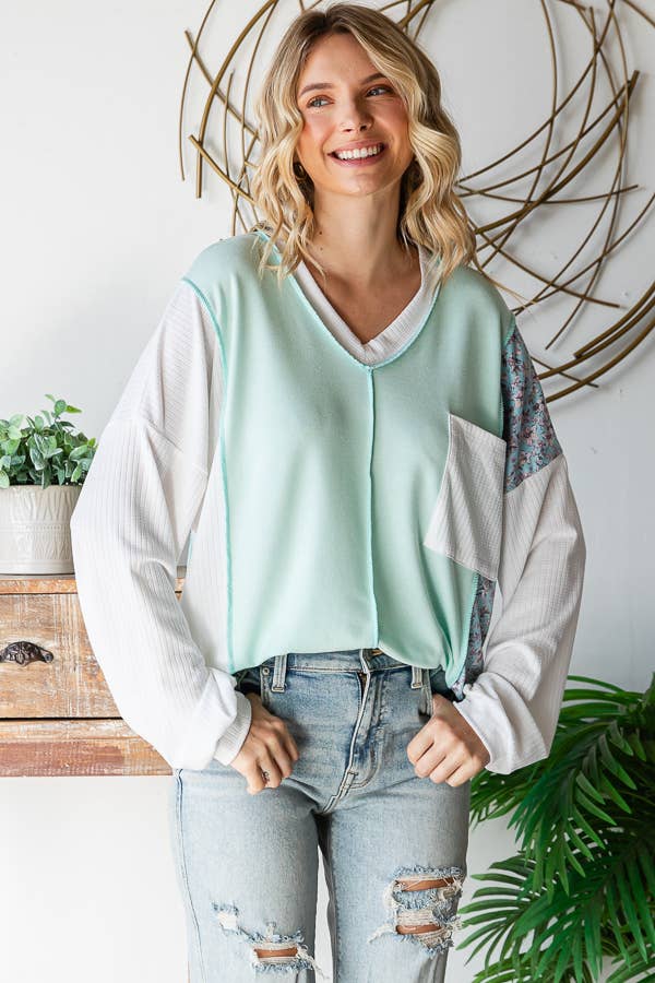 Floral Patchwork Panel Front Pocket V Neck Pullover Top